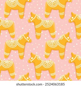 Gingerbread horse coockie powdered with sugar, seamless pattern