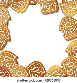 Gingerbread House background. Ginger Cookie House shape. Vector isolated pastries on white background. Winter holidays card template. Biscuit frame. 