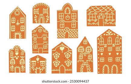 Gingerbread house. Big Set of vector hand drawn gingerbread houses. Christmas cookies. Brown and white colors isolate on white background.