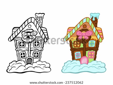gingerbread house. black and white drawing and colorful