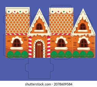 Gingerbread house box template. Christmas gift party favor box for sweets, candies, small presents, bakery. Simple packaging die cut template for laser cutting. Paper toy house for Christmas.