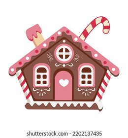 Gingerbread house with a candy cane. Christmas cookies and sweets. Vector illustration for posters, postcards, prints, web design