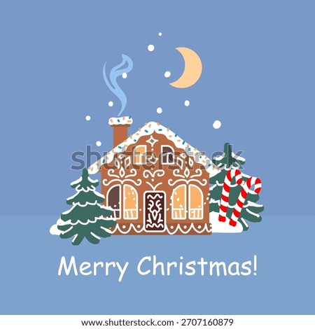 Gingerbread house with candy canes and icing in snowy winter scene, cute festive Christmas illustration with trees and moon, sweet holiday cookie home vector greeting card design