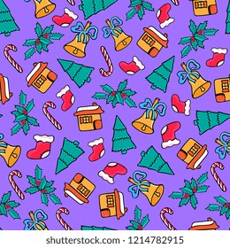 Gingerbread house, candy, Santa's sock, bell. Christmas seamless pattern. Festive design for the New Year 2019 in doodle style..