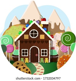 Gingerbread house with Candy trees and sweet mountains in the background. Illustration of a pastry shop with a landscape of lollipops, cupcakes, cookies, doughnuts and fruit. Cartoon bright vector for