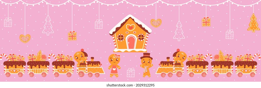 Gingerbread house and characters with cookie train for greeting card for christmas web banner in childish cartoon style, winter holidays poster for kids on pink background