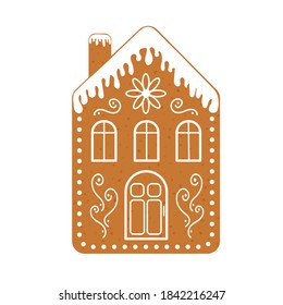 Gingerbread house with chimney, Christmas cookie, isolated on white background. Vector flat illustration.
