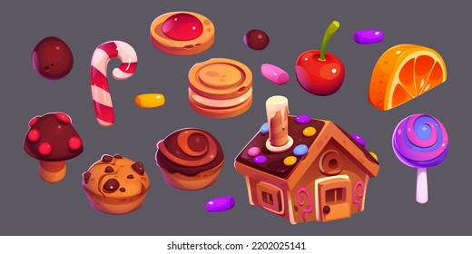 Gingerbread house, chocolate cakes, lollipop, candy cane, bonbons and cookies. Sweet food, Christmas dessert icons of caramel, cupcakes, fruit jelly, vector cartoon set