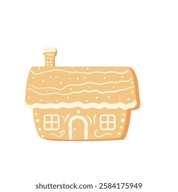 Gingerbread house Christmas cookie. Festive decorated sweets. Vector hand drawn flat illustration isolated on white background.