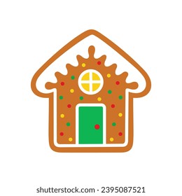 Gingerbread house. Christmas cookies in cartoon flat style. Xmas classical biscuits. Isolated vector illustration on a white background. Perfect for Xmas and New Year holiday design.