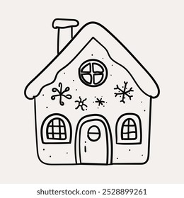 Casa de jengibre, galletas de Navidad. Navidades dibujadas a mano caprichosos iconos de arte de línea 2. Clipart de Navidad, Ilustraciones vectoriales, dibujado a mano doodle iconos, dibujo de estilo peculiar