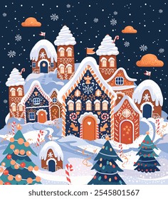 Gingerbread house. Christmas drawing, gingerbread house town. 