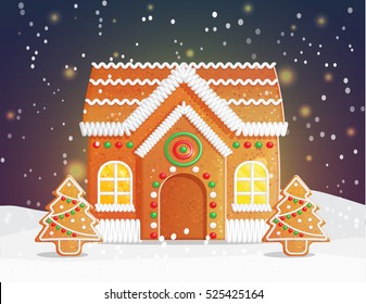 Gingerbread house Christmas night scene backgound, snowy night with stars and traditional gingerbread building with cozy light and festive ornament treess.