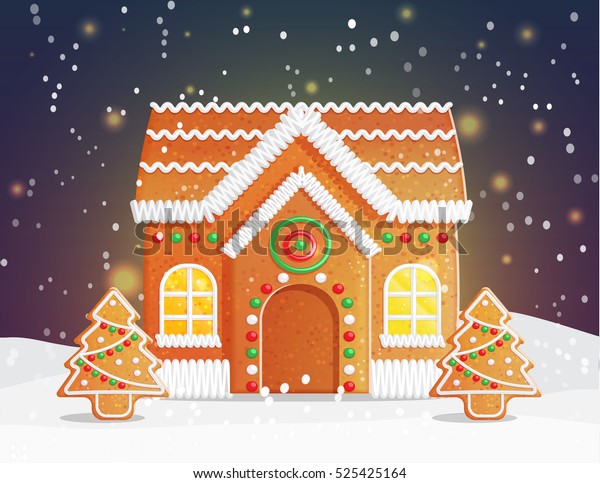 Gingerbread house Christmas night scene\
backgound, snowy night with stars and traditional gingerbread\
building with cozy light and festive ornament\
treess.