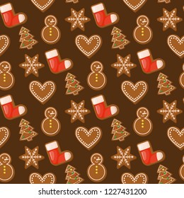 Gingerbread house christmas seamless pattern sweet traditional holiday bakery food candy dessert cookie vector illustration. Xmas decoration winter baked icing snow homemade ginger cake.