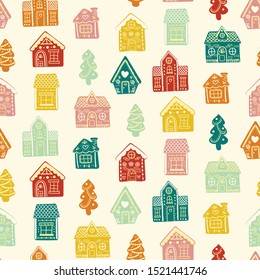 Gingerbread House Christmas Seamless Pattern