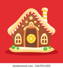 Gingerbread house, christmas vector illustration. Colourful cartoon style. Ginger cookies with candies, lollipops and icing. Sweets and treats.