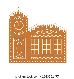 Gingerbread house with clock. Baked Christmas cookie isolated on white background. Vector flat illustration.