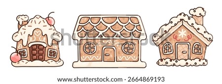 Gingerbread house collection - cookie home with chocolate waffle door and cherries, cottage with melting glaze and sprinkles on roof, cake dwelling in frosting for Christmas holiday baking designs.