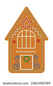 Gingerbread house with colored icing close-up on a white background. Vector.