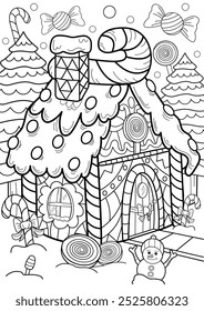 Gingerbread house coloring page for creative activity