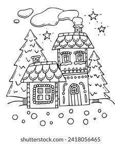 Gingerbread house coloring page. Village in fir forest. Hand drawn illustration for children adults.