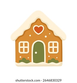 Gingerbread house cookie with frosting roof and heart-shaped window delights. This gingerbread house is perfect for cozy scenes