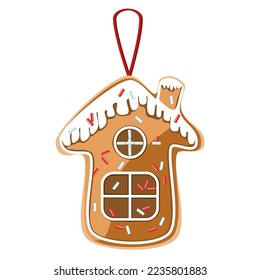 Gingerbread house cookie with icing and sprinkles vector illustration 