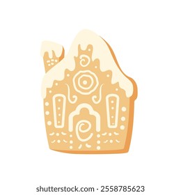 Gingerbread house cookie isolated on white background. Christmas holiday traditional frosting baking. Festive decorated sweets. Vector hand drawn illustration