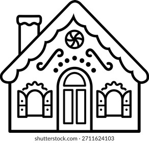 Gingerbread house cookie outline template.
Winter Children's Christmas activity coloring page isolated. 
Gingerbread house line icon.
Transparent background.