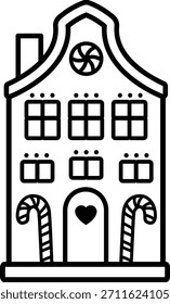 Plantilla de contorno de galletas de jengibre.
Página para colorear de la actividad de Navidades infantiles de invierno aislada. 
Icono de línea de casa de jengibre.
Fondo transparente.