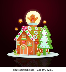Gingerbread house with cookie tree and gingerbread man, 3d vector. Perfect for Christmas, holiday and party cookies