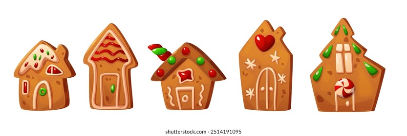 Biscoitos de casa de gengibre, em conjunto isolado no fundo branco. Ilustração de desenho animado de vetor de mel de Natal tradicional e biscoitos de canela decorados com creme doce de cobertura, guloseimas caseiras de férias