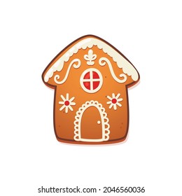 Gingerbread House. Cute Christmas Traditional Cookie with white icing decoration. Vector illustration.