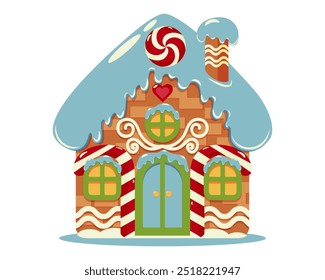 Casa de jengibre decorada con glaseado azul, caña de caramelo y decoraciones navideñas. La casa de jengibre es un símbolo popular de las Navidades. Para diseño de Navidades, decoración, tarjeta de felicitación o publicidad.