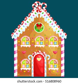 gingerbread house decorated candy icing and sugar.christmas cookies, traditional winter holiday xmas homemade baked sweet food vector illustration