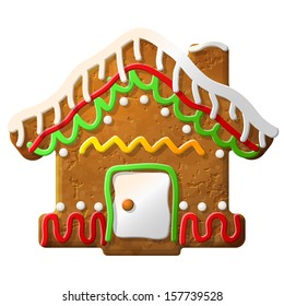 Gingerbread house decorated colored icing. Holiday cookie in shape of christmas house. Vector illustration for new year's day, christmas, winter holiday, cooking, new year's eve, food, silvester, etc