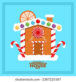 Gingerbread House decorated with cream and candies, with bold text in frame on light blue background to celebrate Gingerbread House Day on December 12