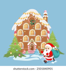 Gingerbread House Decorated with Icing and Candies, Christmas Trees, and Joyful Santa with Gifts - Vector Illustration