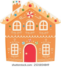 Casa de pão de gengibre decorada com gelo. Biscoito de Natal com decoração. Doces de inverno. Ilustração vetorial sobre fundo branco.