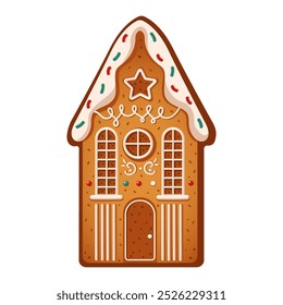 Gingerbread house decorated with icing flat color vector object. Tasty cookie creating cozy holiday atmosphere illustration on white background