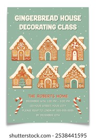 Gingerbread House Decorating Class Invitation Card. Christmas workshop for kids invite postcard. Different new year cookies with icing on rooftops. Winter holiday master class. Vector illustration.