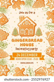 Gingerbread house decorating party announcement poster template. Merry Christmas and Happy New Year party invitation with gingerbread cookies on beige background. Vector illustration
