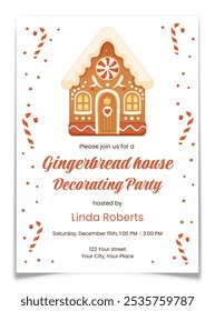 Gingerbread house decorating party invitation postcard. Holiday party masterclass invite. Christmas cookie contest event. Candy cane and peppermint swirl. New year child workshop. Vector illustration