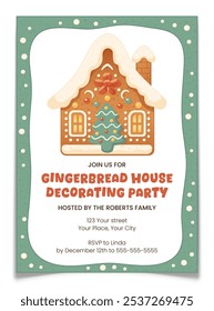 Gingerbread House Decorating Party Invitation Card. Christmas workshop for kids invite postcard. New year cookie with icing on rooftop. Winter holiday master class. Festive pine. Vector illustration.