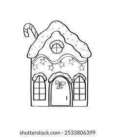 Gingerbread House doodle icon. Vector illustration of a cartoon Christmas cookie dessert. hand drawn isolated on white background.