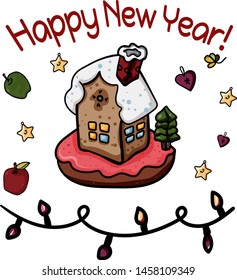 Gingerbread house in doodle style. Happy New Year lettering surrounded by apples and stars. Vector illustration