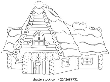 Gingerbread house. Element for coloring page. Cartoon style.