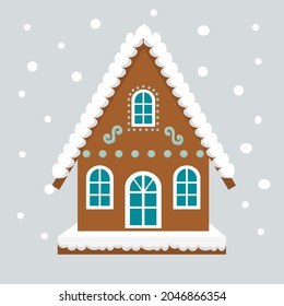Gingerbread house. Festive food, New Year's sweets. Winter illustration