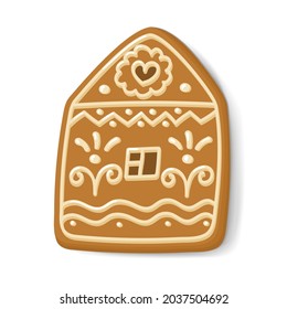 Gingerbread in the House form . Flat style in Vector illustration. Isolated on white background. Home bakery, cooking, ornamented cookies, Christmas sweets. Clip art for hand made pastry. 